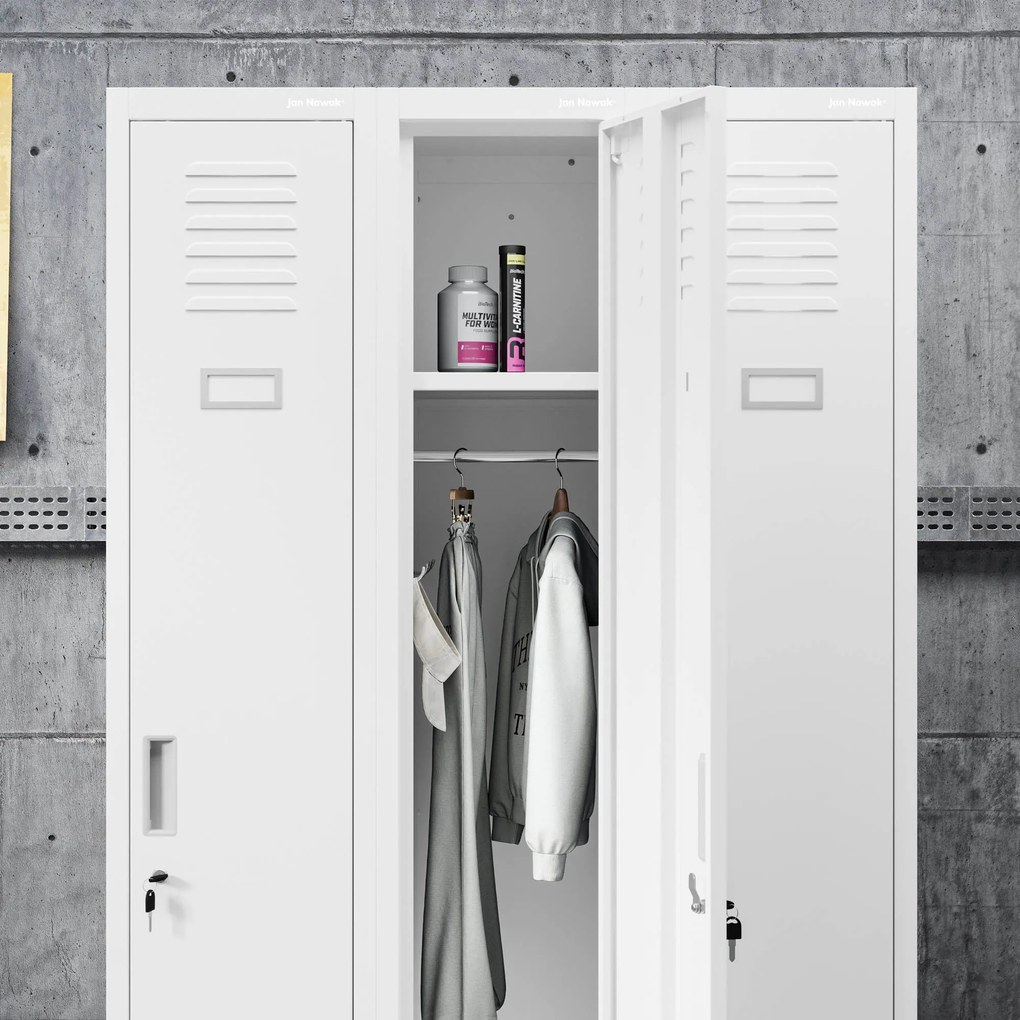 Jednoduchá šatníková pracovná skrinka, úzka, biela, 300x1800x500 mm: KACPER II Plus