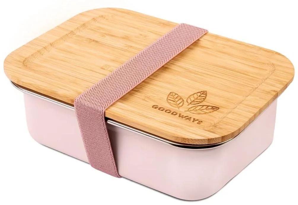 Ružový nerezový desiatový box s bambusovým viečkom - 1200ml/ 20*15*6,5cm