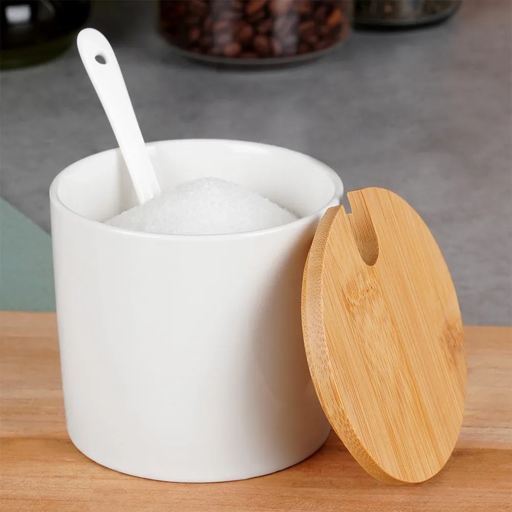 VILDE Kulatá keramická cukřenka s bambusovým víčkem a lžičkou, 250ML bílá