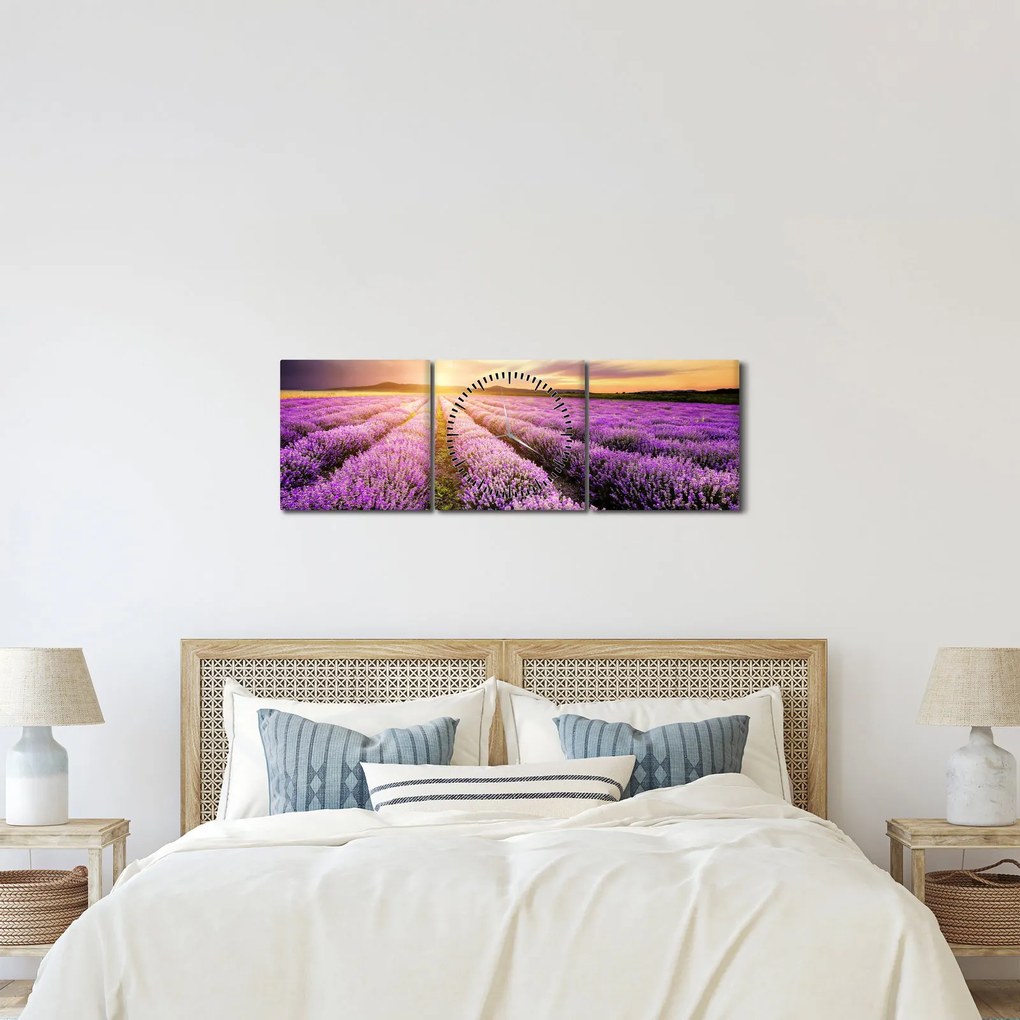 Obraz - Východ slnka v levanduľovom poli (s hodinami) (90x30 cm)