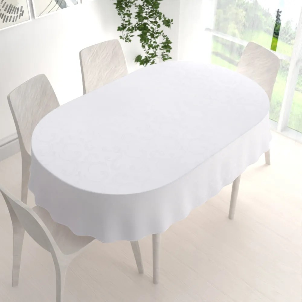 Biante Teflónový oválny obrus TF-100 Biele ornamenty s lístkami 140x180 cm