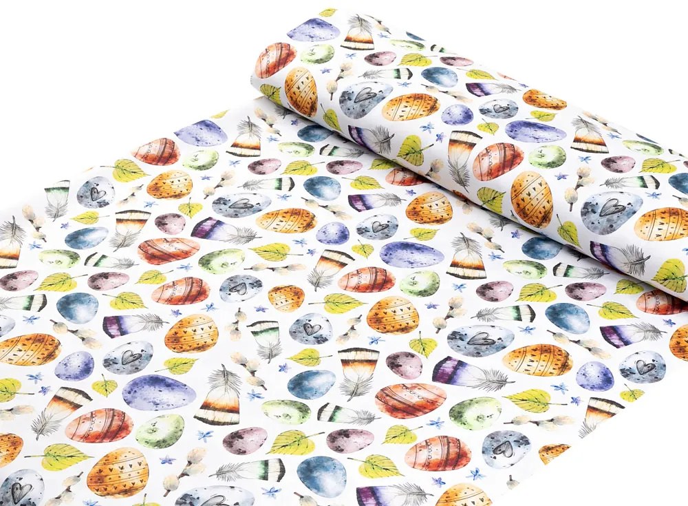 Biante Veľkonočný teflónový behúň na stôl TF-075 Farebné kraslice a pierka na bielom 35x160 cm