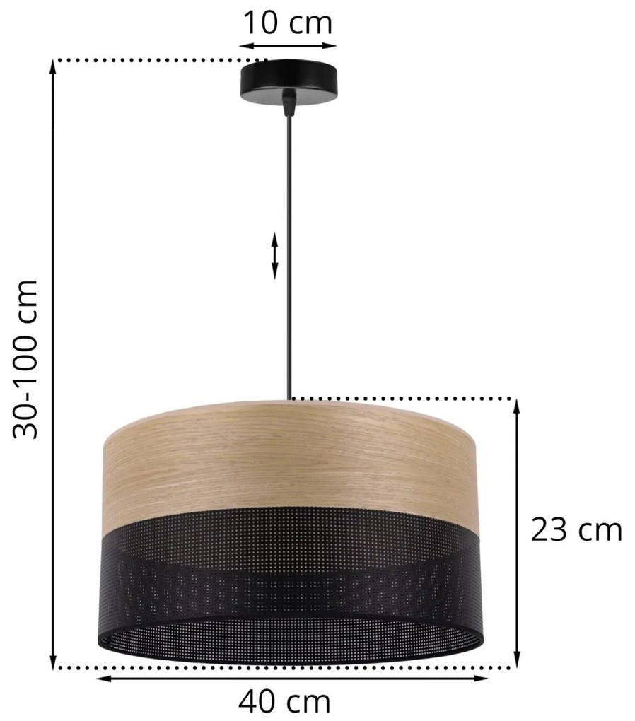 Závesné svietidlo Wood, 1x dýha zlatý dub/čierne PVC tienidlo, (fi 40cm)