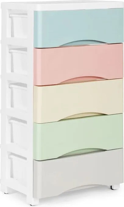Polica s 5 výsuvnými zásuvkami, nohy s kolieskami, farebné zásuvky