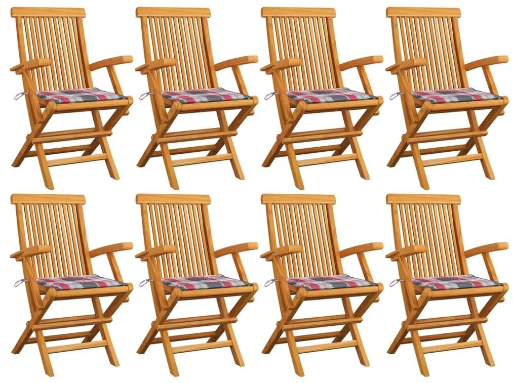 Záhradné stoličky, červené kockované podložky 8ks, tíkový masív 3072902