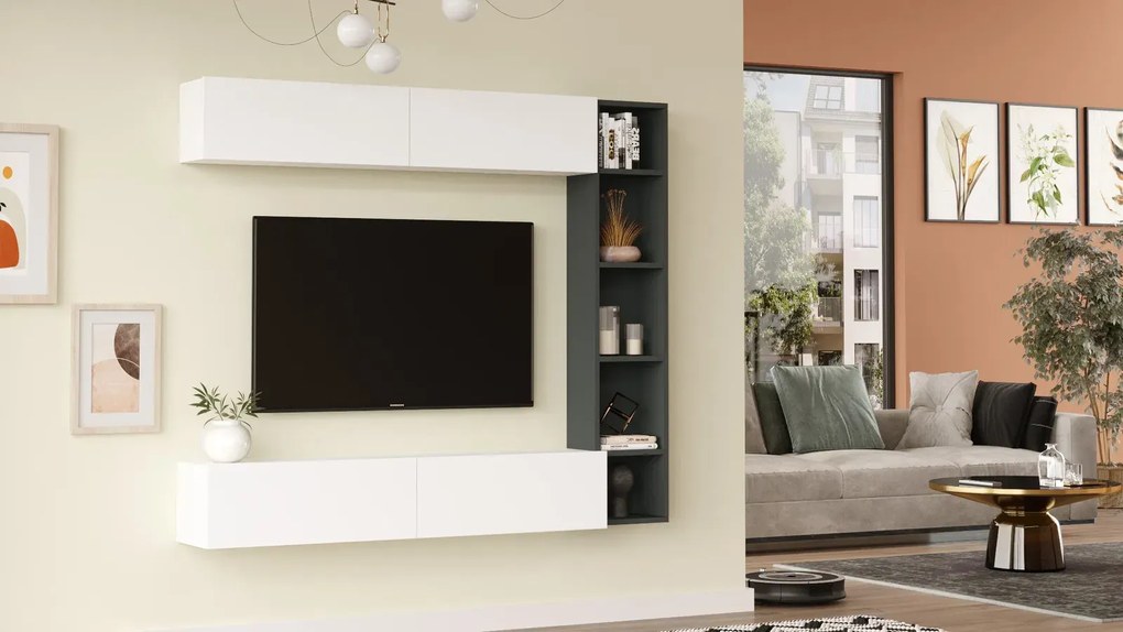 TV stena Houseland Cohen biela/antracitovo sivá