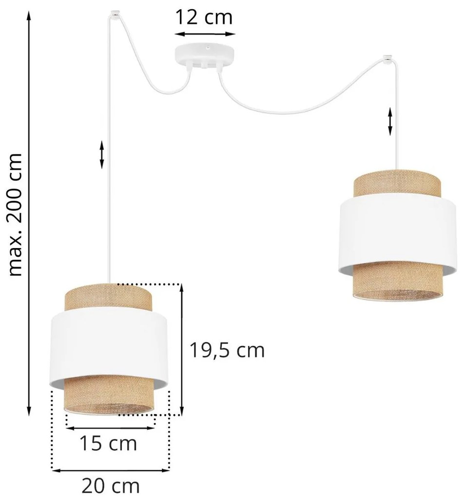 Závesné svietidlo Boho Spider, 2x jutové/biele textilné tienidlo