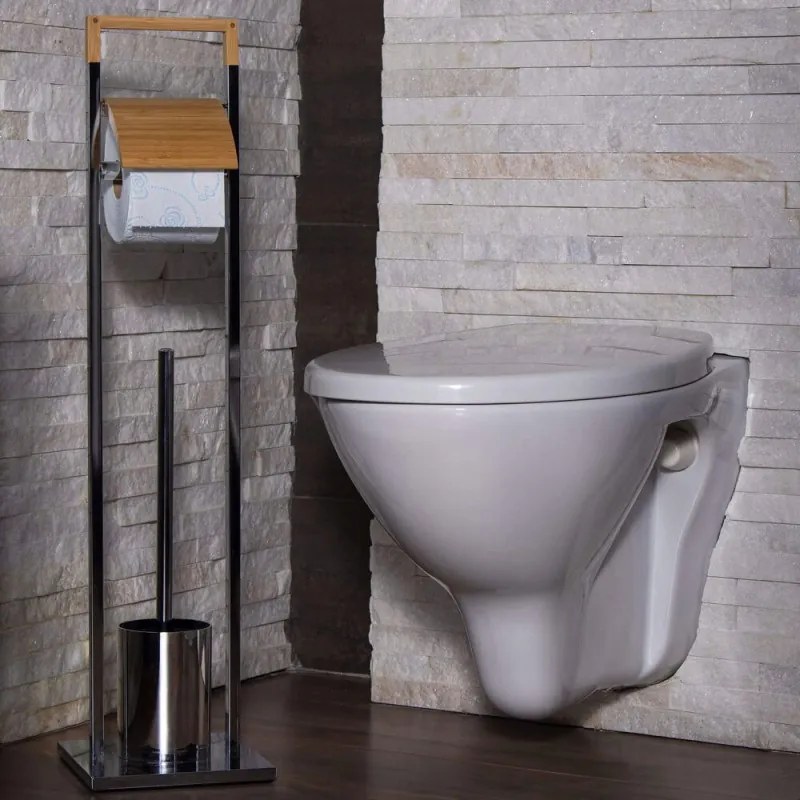 SPRINGOS Držiak na toaletný papier s WC štetkou SPRINGOS TB0003 chróm/bambus