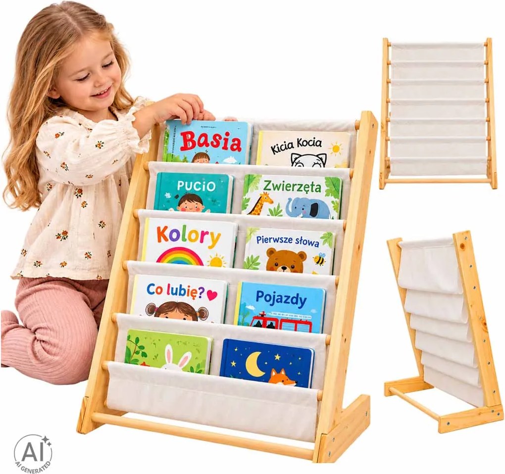 KIK Dětská dřevěná knihovna 79 cm – 6 textilních polic, úložný regál na knihy