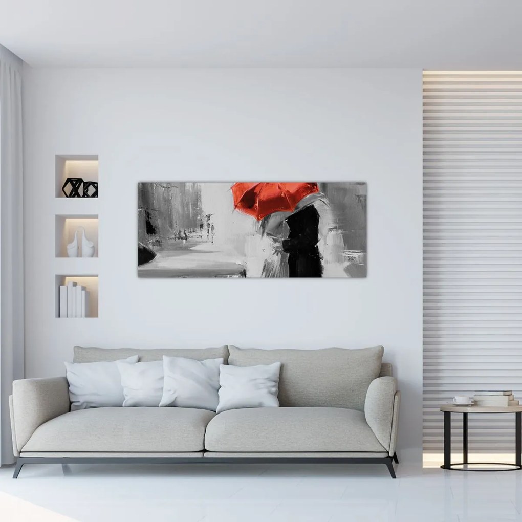 Obraz - Zamilovaný pár pod dáždnikom, červený (120x50 cm)