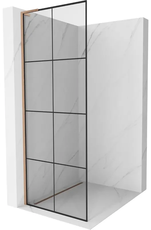 Mexen Kioto L, sprchová zástena Walk-In 70 x 200 cm, 8mm číre sklo čierny vzor, medený matný profil, 800-070-103-65-77