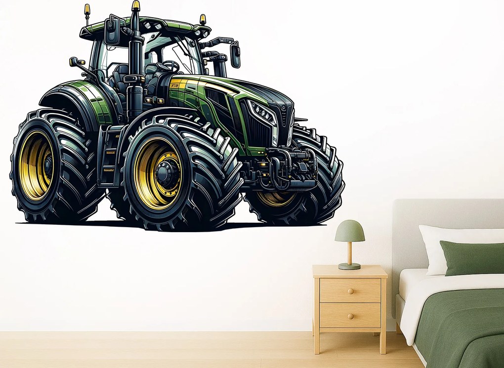 Zelený traktor textilní prelepiteľná nálepka na stenu hárok 45 x 31 cm