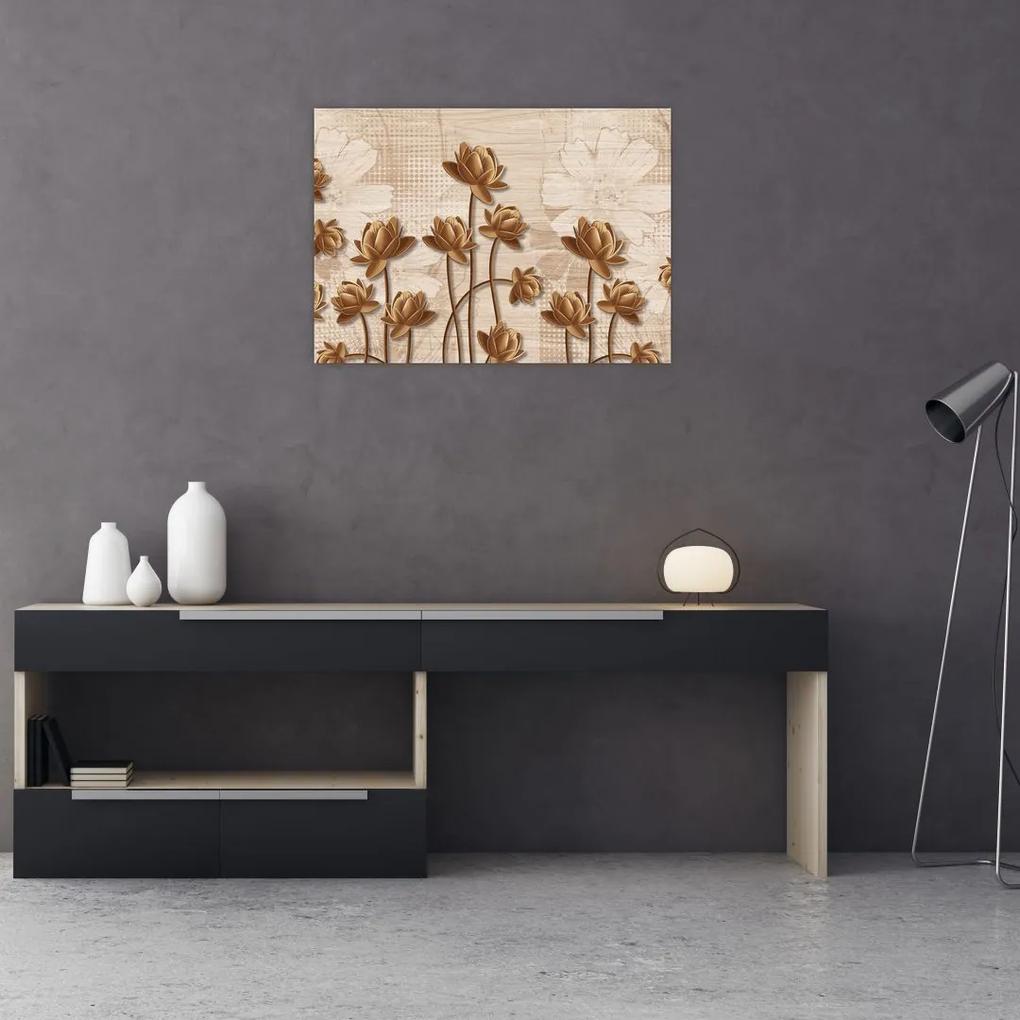 Sklenený obraz abstraktných kvetín - hnedá (70x50 cm)