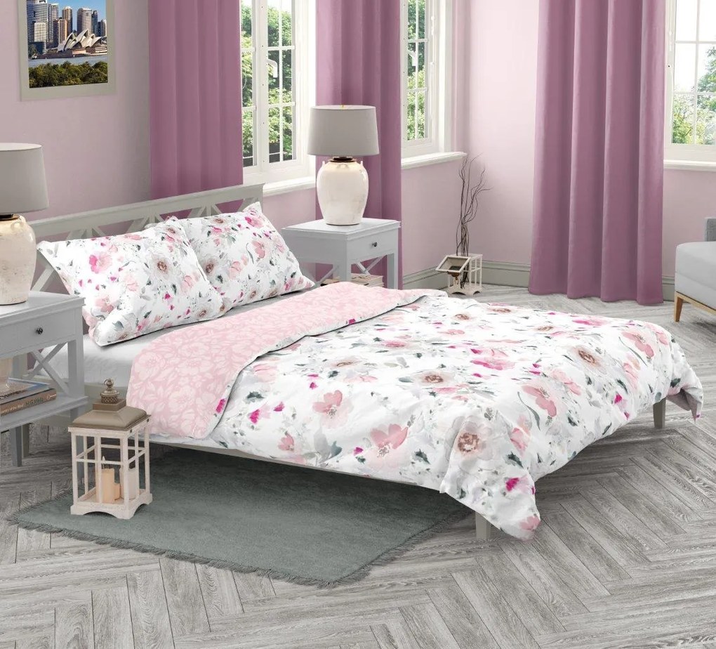 Saténové obliečky MILAGRO VERDE Jemné kvety - biele / ružové - 160x200 cm