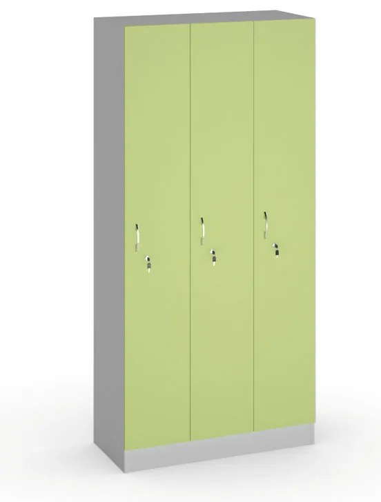 Drevená šatníková skrinka S5, 3 oddiely, 1900 x 900 x 420 mm, cylindrický zámok, sivá/zelená