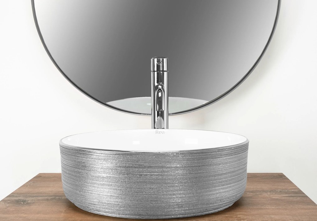 Keramické umývadlo na dosku REA SAMI BRUSH SILVER ø 36 cm bielo/strieborné