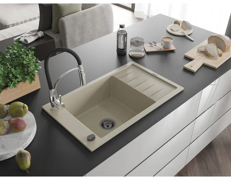 Mexen Elias, 1-komorový granitový drez 795x480x200 mm a drezová batéria Aster, béžová, 6511-69-73450-07-B