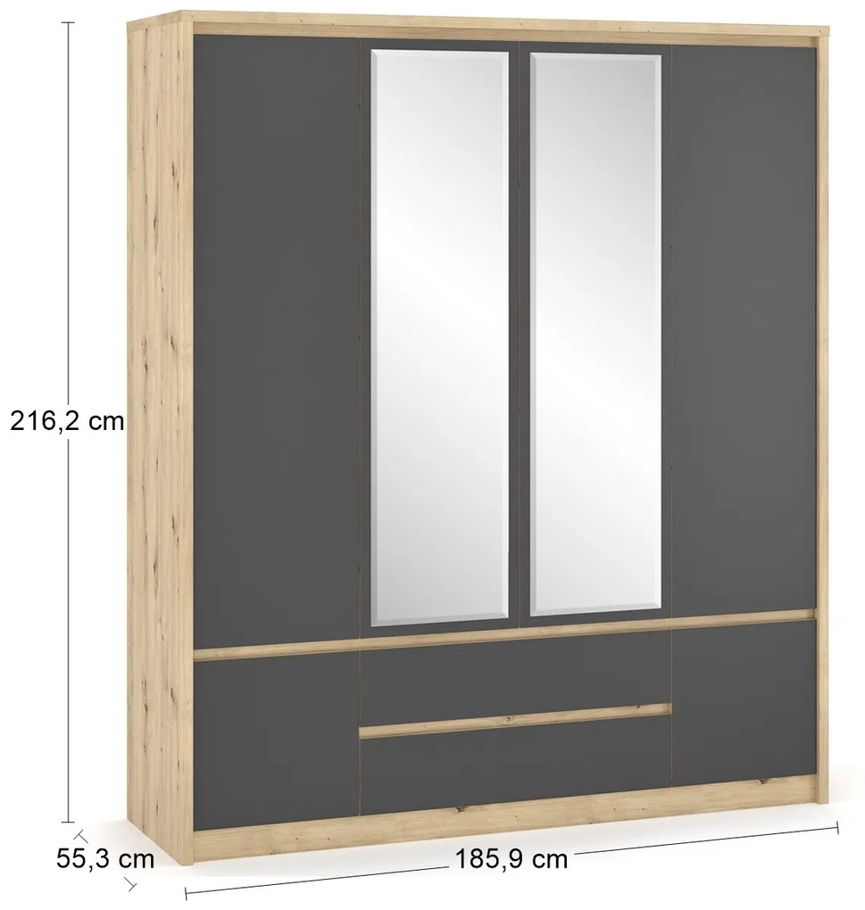 Štvordverová šatníková skriňa so zrkadlom Daicos W-4D2DRWS - dub artisan / sivá