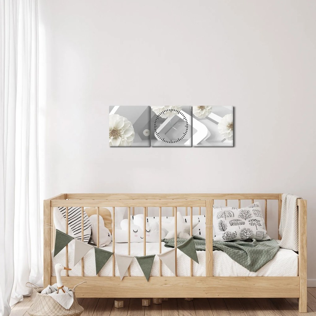 Abstraktný obraz s belostnými kvetmi (s hodinami) (90x30 cm)