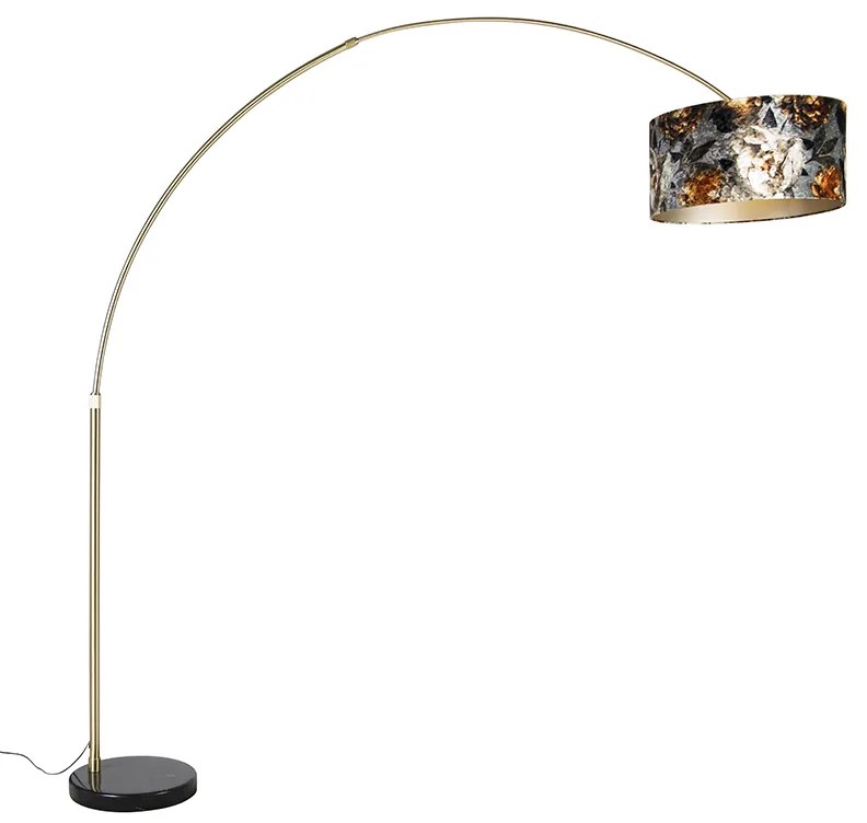 Oblúková lampa mosadz s čiernym tienidlom s kvetinovým vzorom 50 cm - XXL