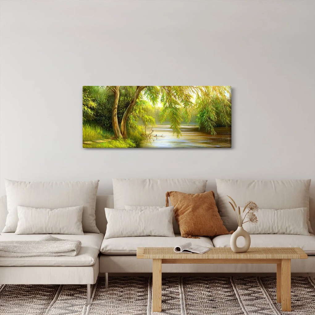 Obraz - Vŕba pri jazere, olejomaľba (120x50 cm)