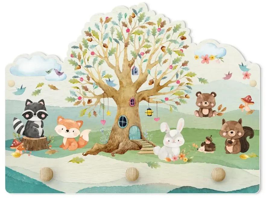 Vešiak na stenu  Akvarel lesné zvieratká so stromom