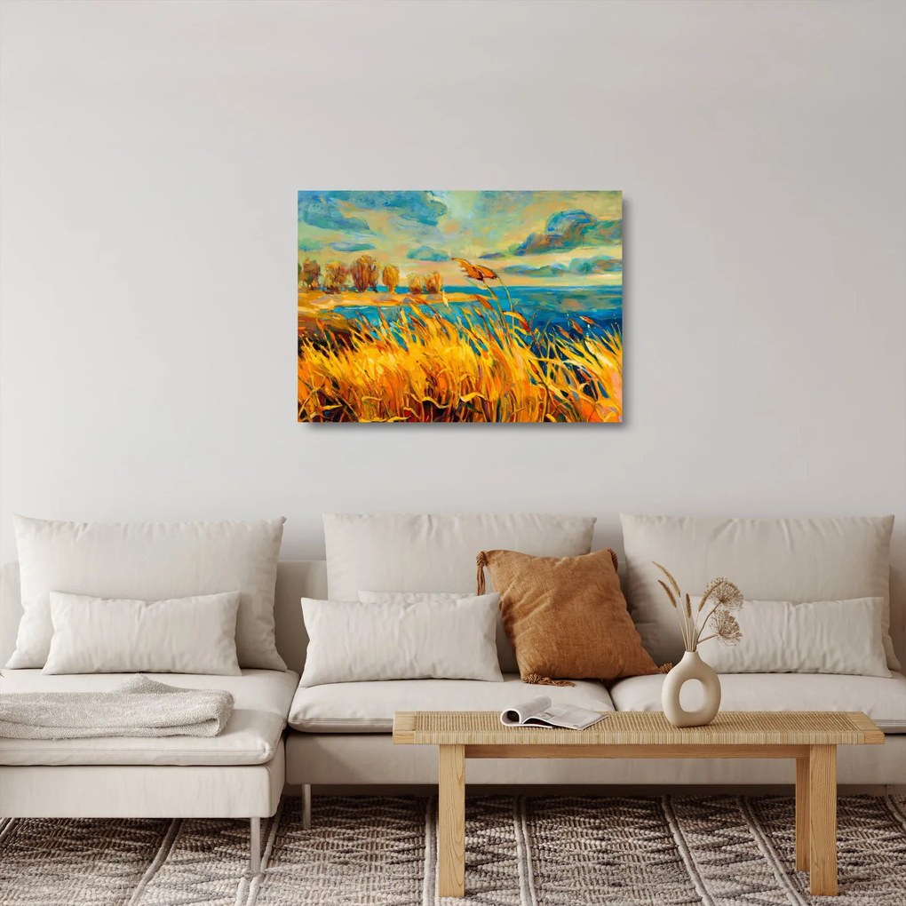 Sklenený obraz - Západajúce slnko nad jazerom, akrylová maľba (70x50 cm)