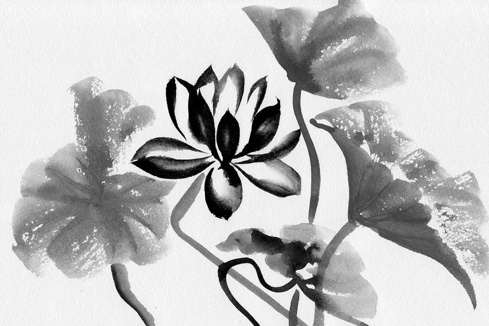 Tapeta čiernobiely lotosový kvet v akvarelovom prevedení