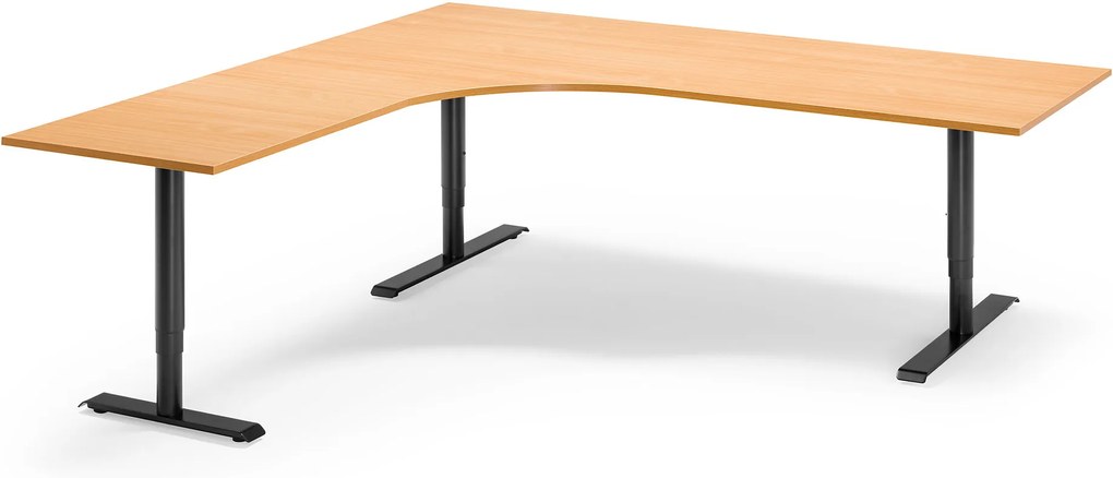 Výškovo nastaviteľný stôl Adeptus, ľavý, 2000x2000 mm, laminát buk/čierna