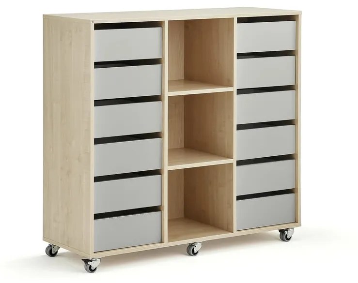 Študentská úložná skrinka CASPER, 12 zásuviek, 3 priehradky, breza, šedá