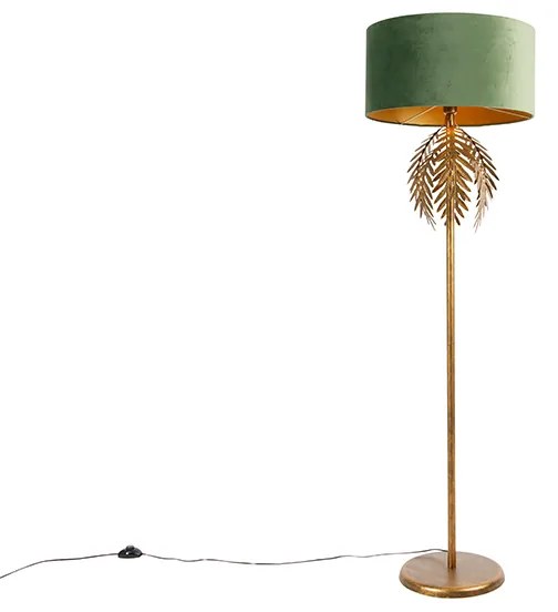 Vintage stojaca lampa zlatá s velúrovým odtieňom zelenej - Botanica