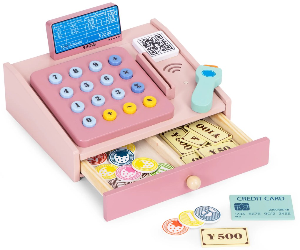 MULTISTORE Drevená pokladňa pre deti so skenerom, kartou a mincami