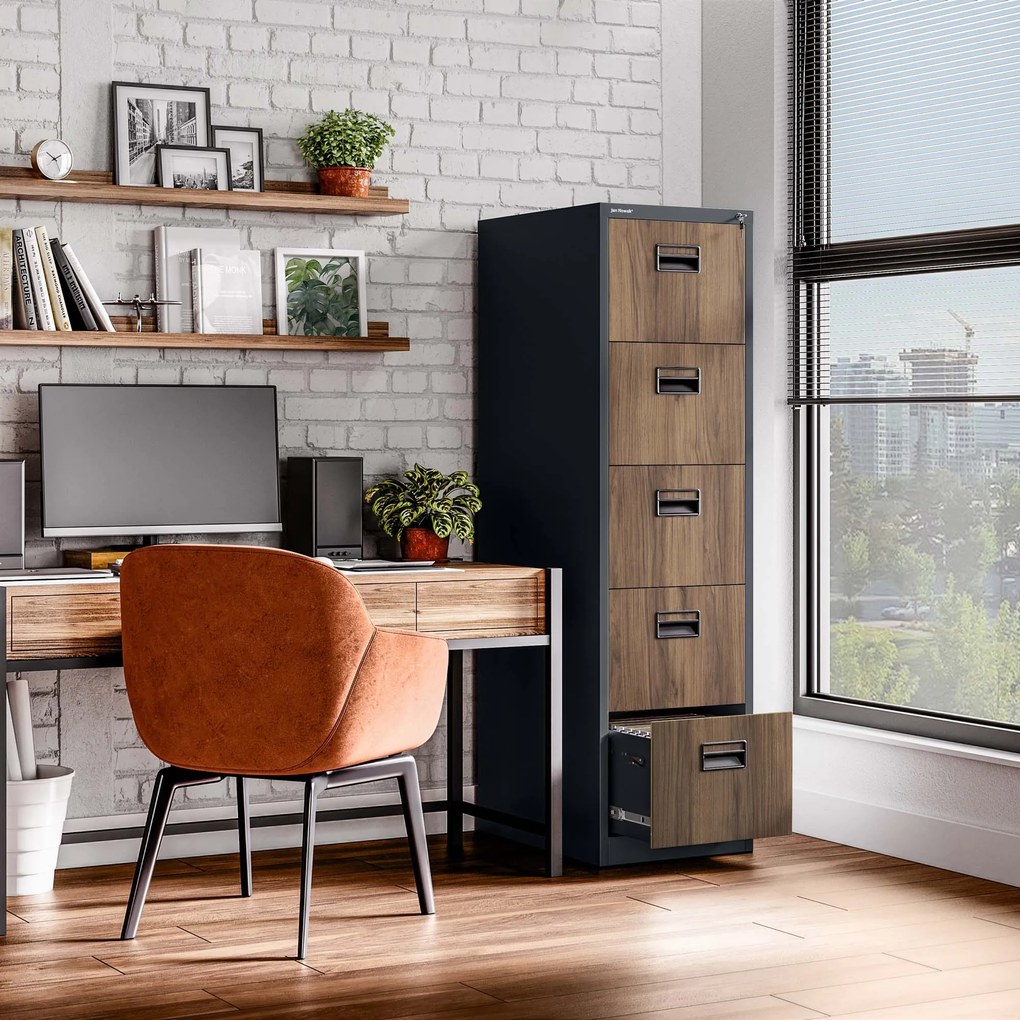 Kovová kartotéka, 5 zásuviek SARA V5, 460 x 1625.5 x 620 mm, Eco Design: antracitová/ orech