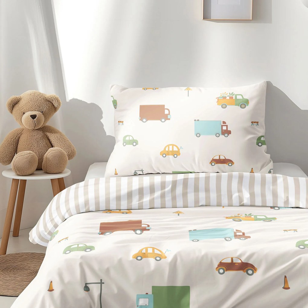 Goldea detské bavlnené obliečky - svet autíčok s latte prúžkami 140 x 200 a 70 x 90 cm