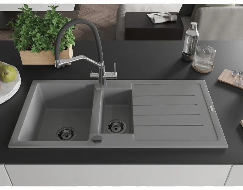 Mexen Andres, granitový drez 1000x500x200 mm, 1,5-komorový a drezová batéria Duo, šedá, 6515-71-671701-07-B