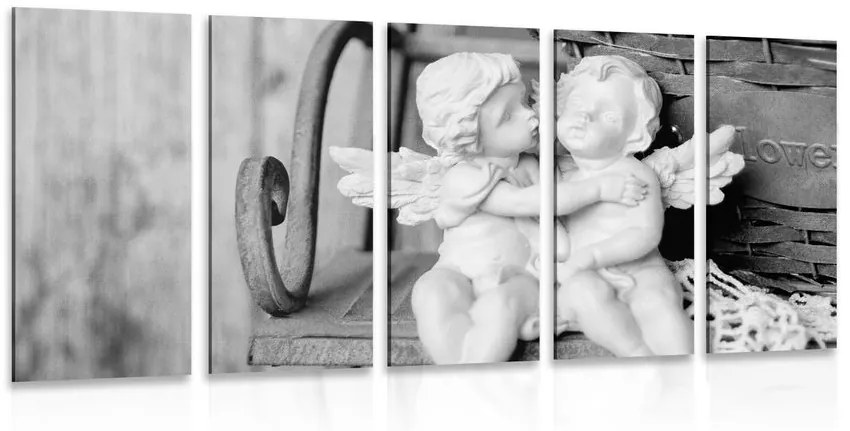 5-dielny obraz sošky anjelikov na lavičke v čiernobielom prevedení