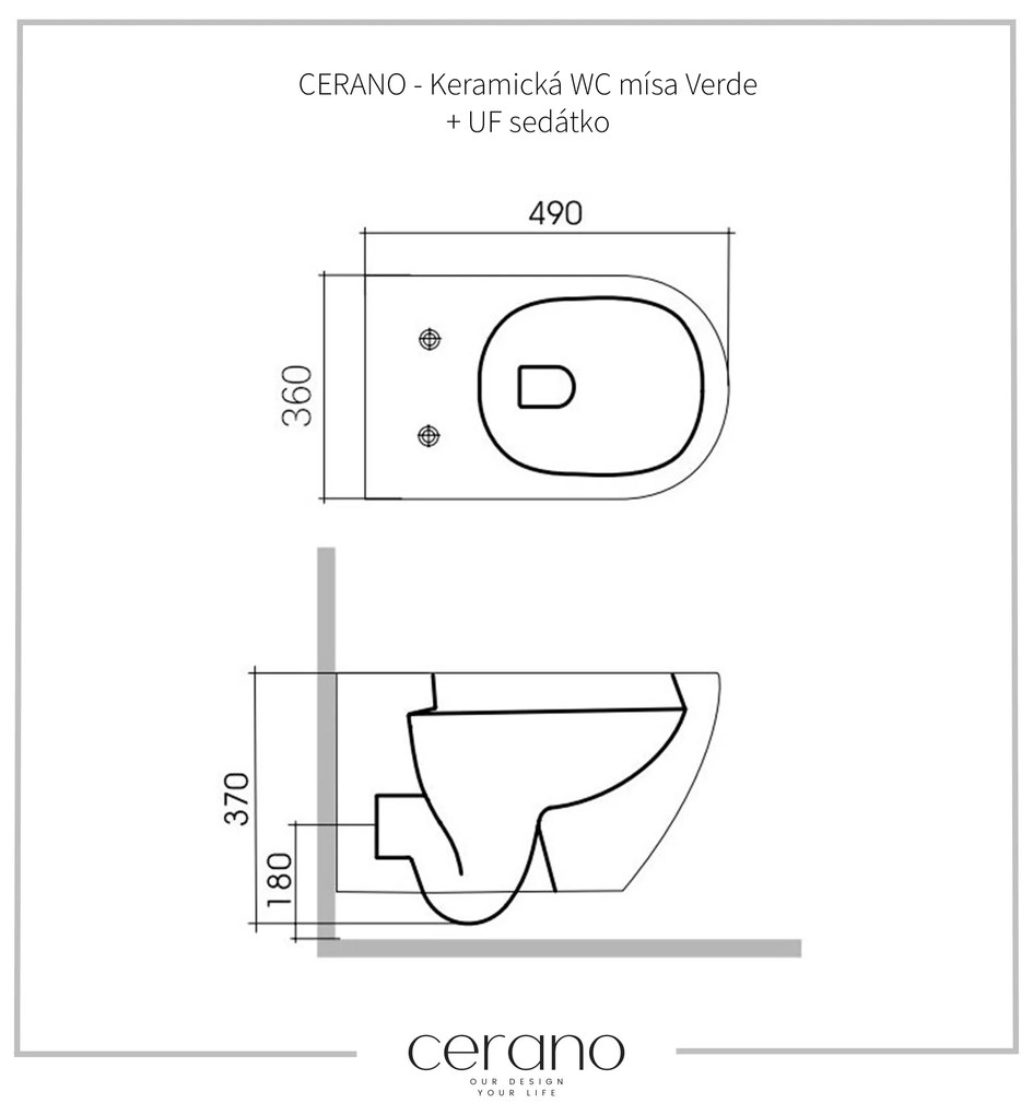 Cerano Verde, závesná WC misa Rimless 490x360x370 mm + UF toaletné sedátko, čierna lesklá, CER-CER-417347