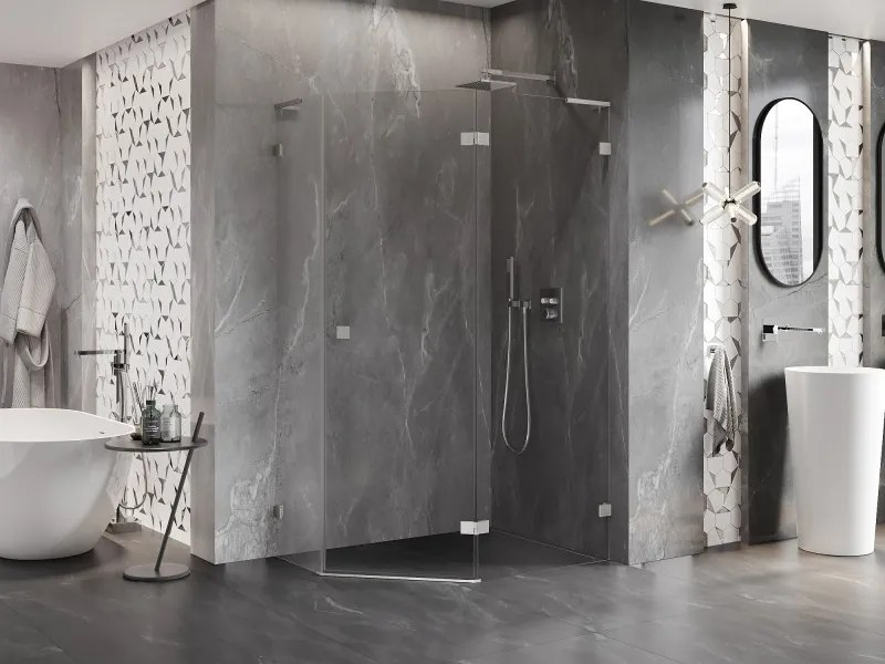 Mexen Lunar, L pravý výklopný päťuholníkový sprchový kút 100x80 cm, 8mm číre sklo, oceľový profil, 831L-100P-080L-97-00-P