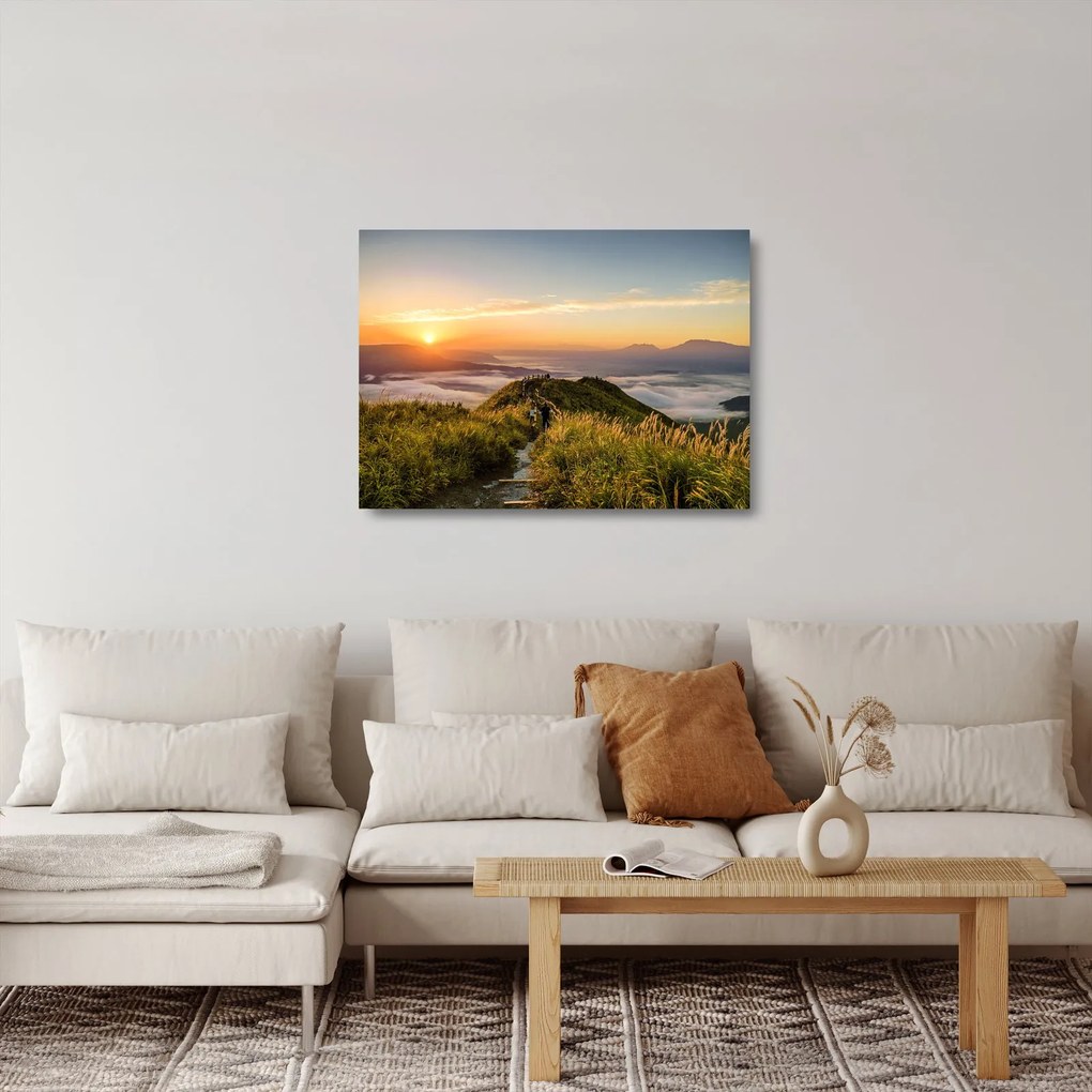 Sklenený obraz hory pri západe slnka (70x50 cm)