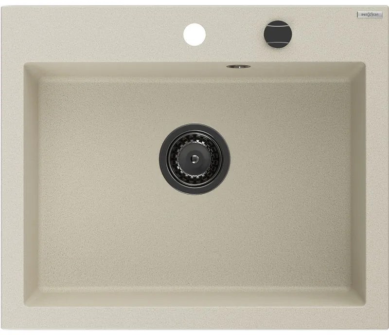 Mexen Elix, 1-korový granitový drez 600 x 500 mm, béžová, čierny sifón, 6525601005-69-B