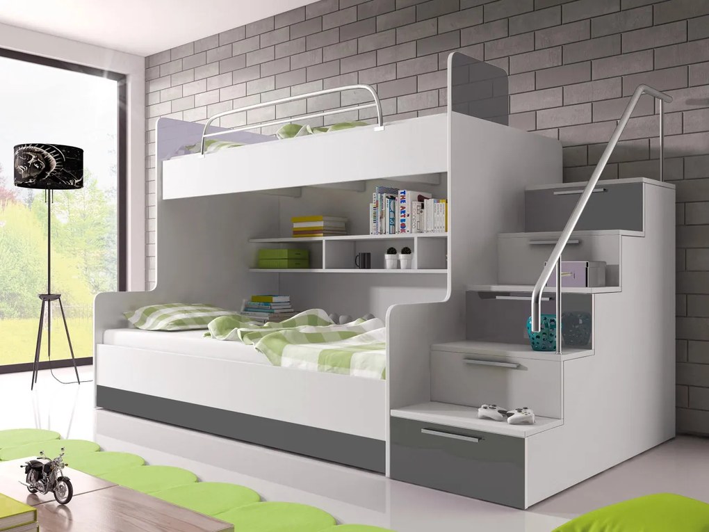 Poschodová posteľ Paradise II, Farby: biela / biely lesk + šedý lesk, Strana: ľavá