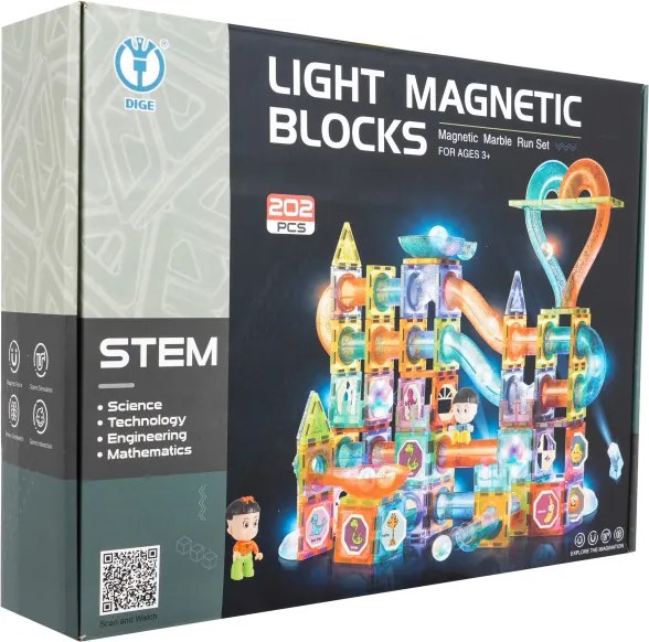 Magnetická stavebnica s guľôčkovou dráhou a svetlom - 202 dielikov