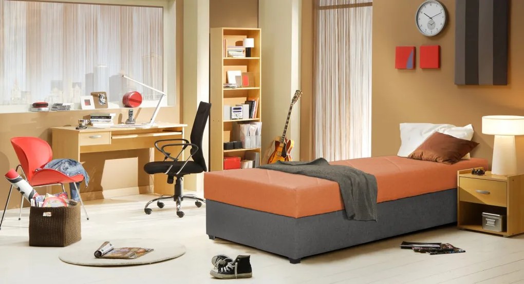 Posteľ Ormea 88x202 cm, šedá/oranžová látka