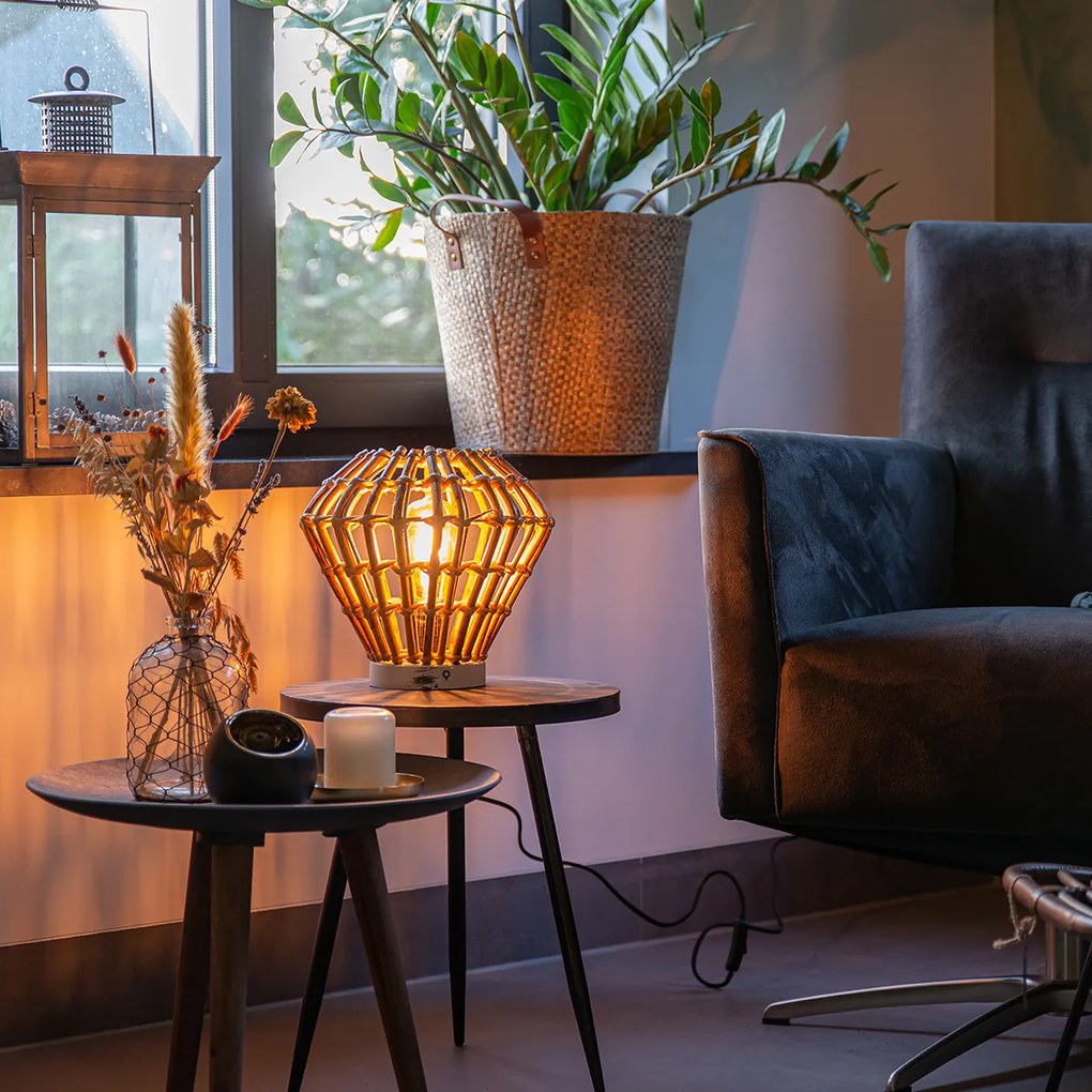 Rustikálna stolná lampa bambusová s bielou - Canna Diamond