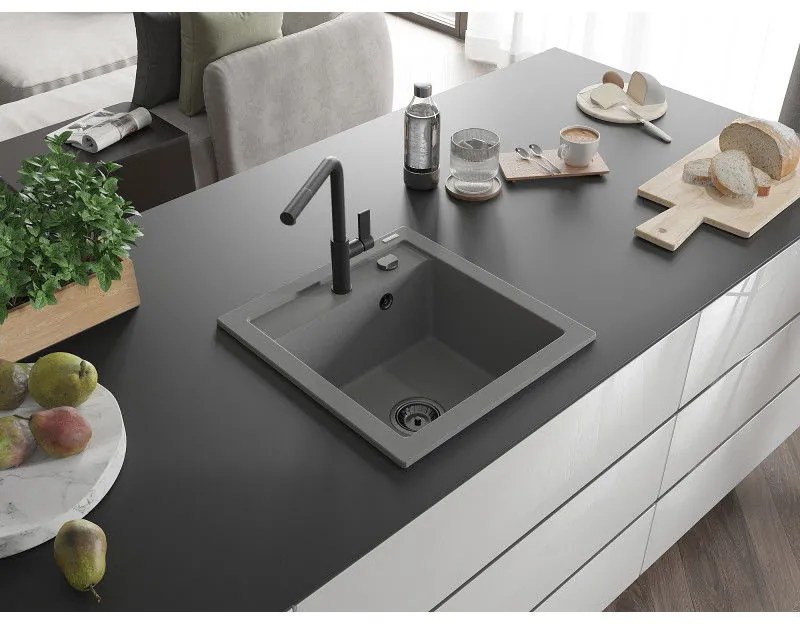 Mexen Vito, 1-komorový granitový drez 490x520x210 mm a drezová batéria Flora, šedá, 6503-71-670401-70-B