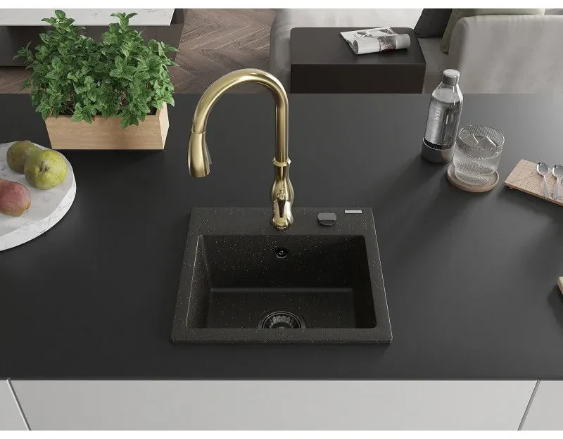 Mexen Milo, 1-komorový granitový drez 435x410x171 mm a drezová batéria Savita, čierna-zlatá metalíza, 6505-75-672601-50-B