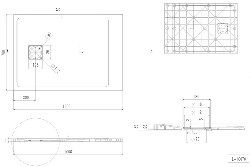Erga Hyper, SMC sprchová vanička 100x70x2,6 cm + sifón, šedá matná, ERG-V06-SMC-7010S-GR