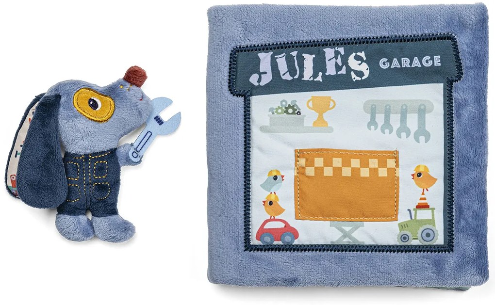 Lilliputiens - textilná knižka - psík Jules v garáži