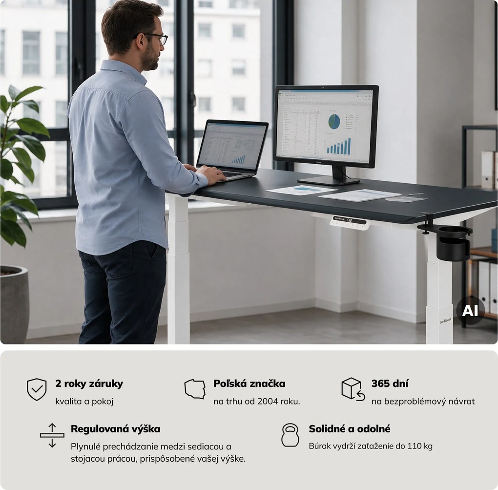 Elektrický stôl s nastaviteľnou výškou ergonomický bielo-antracitový,1600x800 mm: ARIA
