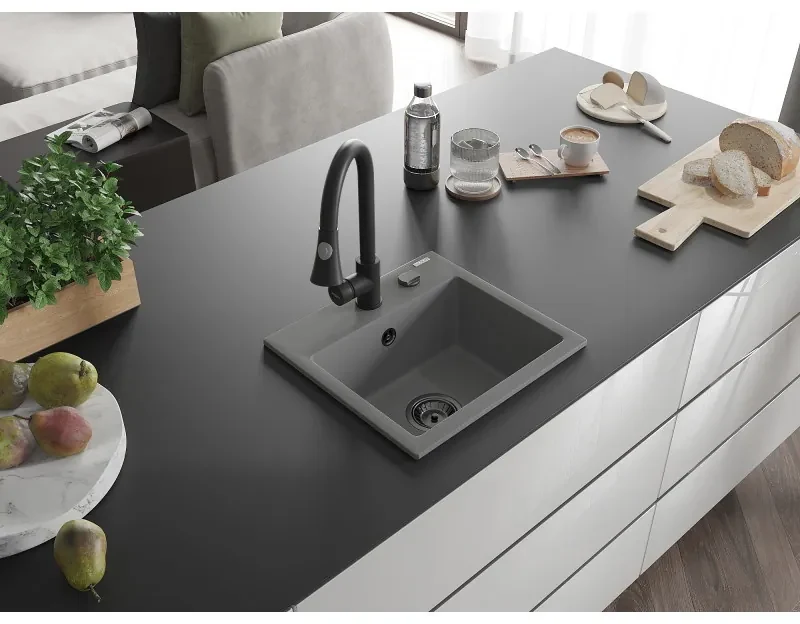 Mexen Milo, 1-komorový granitový drez 435x410x171 mm a drezová batéria Elia, šedá, 6505-71-670101-70-B